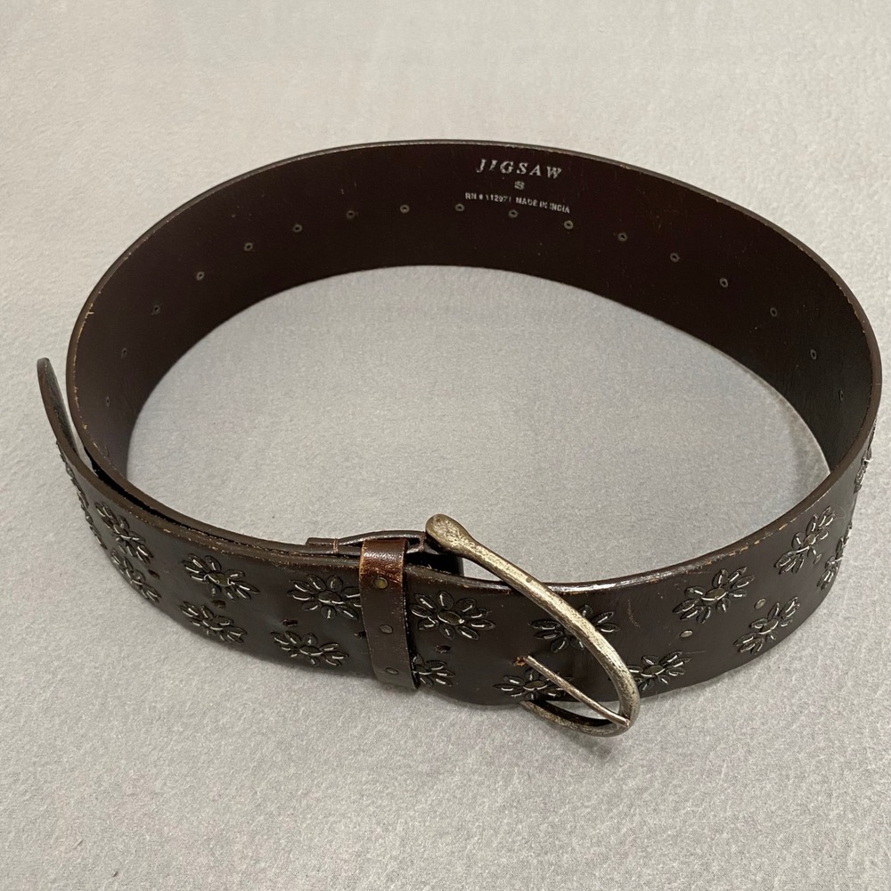 Jigsaw Dark Brown Leather Wide Floral Studded Boho Western Belt S Distressed